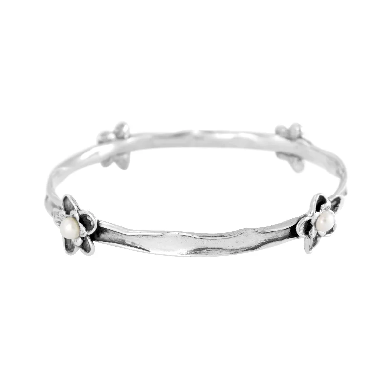 Statement bracelets for women -Thin Flowers & Pearl Bangle Bracelet