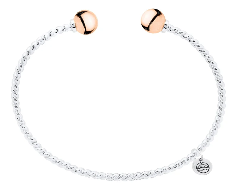 Elegant bracelets for women -Genuine Sterling Silver Cape Cod Twist Cuff Bracelet with Polished 14k Rose Gold End Beads