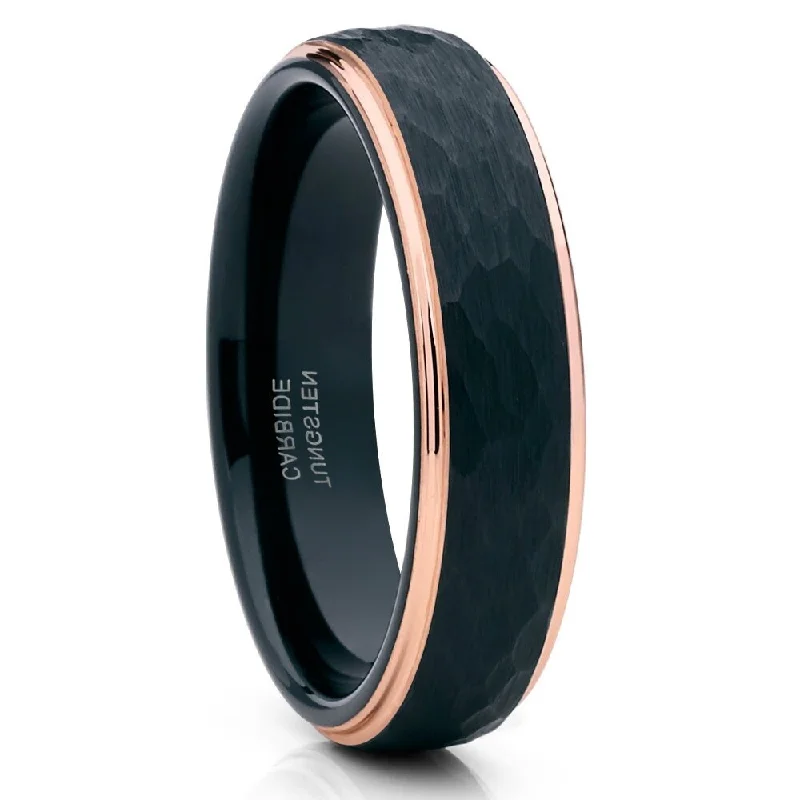 Stylish engagement rings for women -6Mm Black Tungsten Carbide Wedding Ring Rose Gold Comfort Fit Hammered