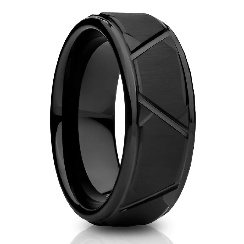 Custom-made diamond engagement rings for women -Black Tungsten Wedding Ring 8Mm Comfort Fit Diamond Cut Sizes 715