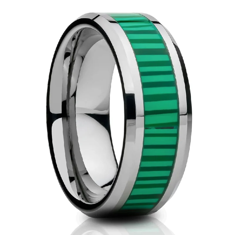 Simple and elegant engagement rings for women -Faux Green Tungsten Wedding Ring 8Mm Comfort Fit Cobalt Free Silver Tungsten