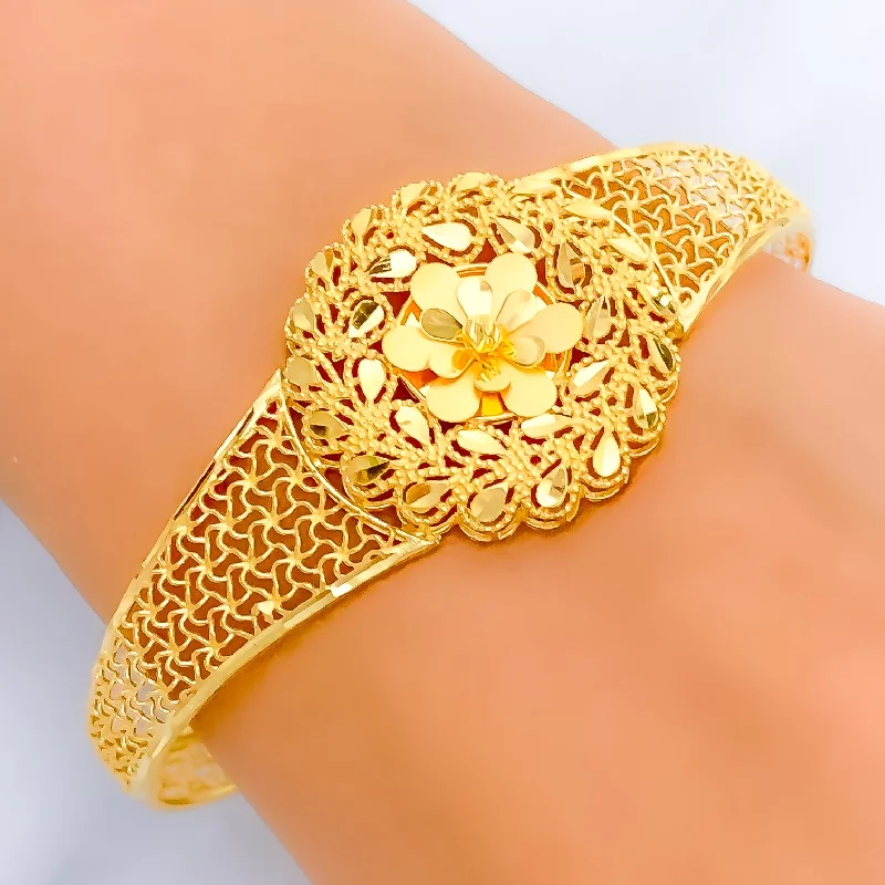 Ethereal bangles for women -Graceful Dual Finish Flower 22k Gold Bangle Bracelet