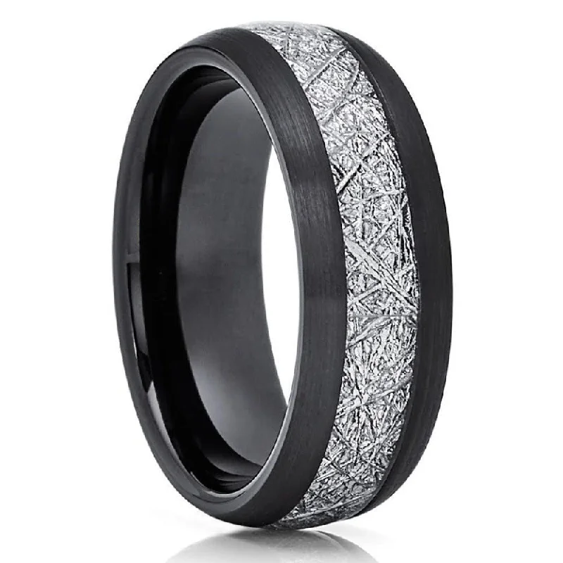 Women's engagement rings online shop -Black Tungsten Ring 8Mm Wedding Ring With Meteorite Inlay Comfort Fit Cobalt Free