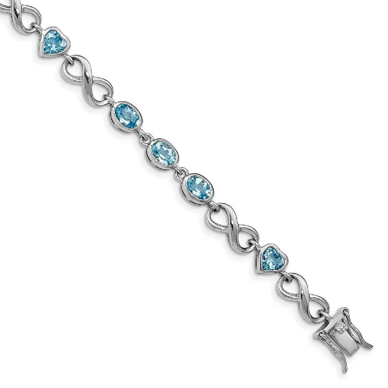 Luxury silver bracelets for women -Curata 925 Sterling Silver Polished Box Catch Closure Oval Love Heart Blue Topaz Bracelet