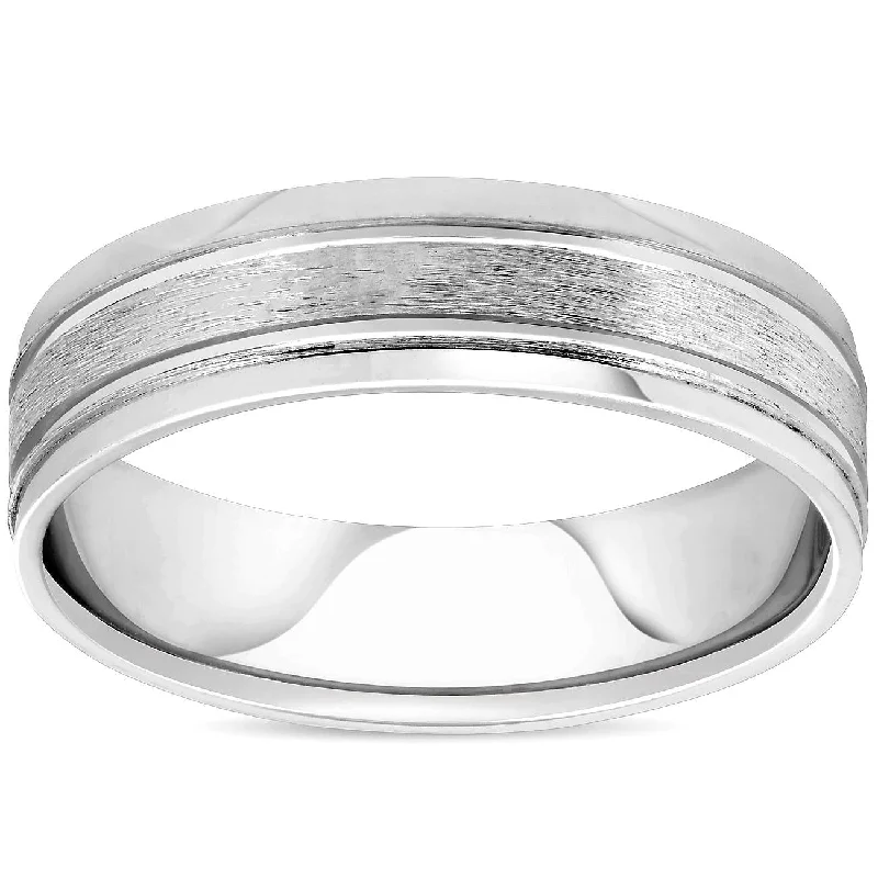 Oval cut engagement rings for women -6mm Mens Brushed Flat Wedding Band White Gold