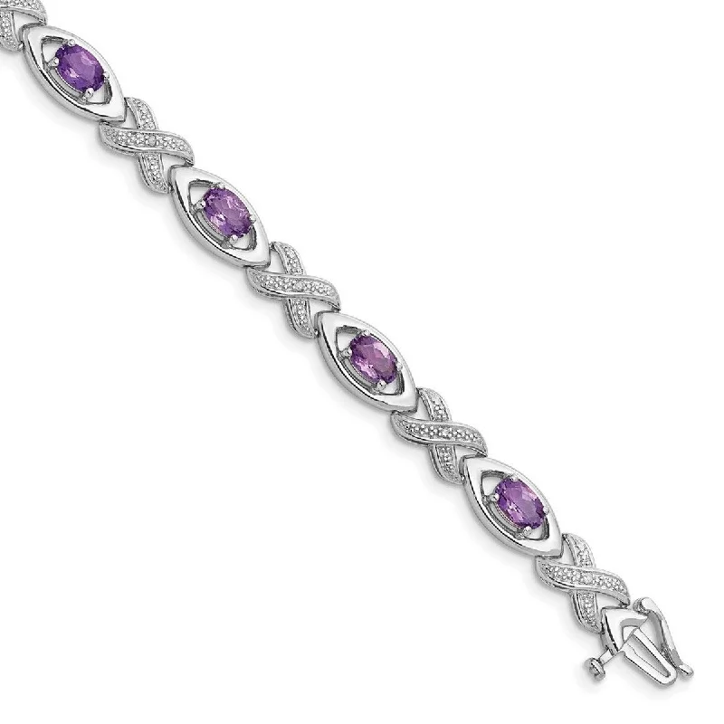 Simple bangles for women -Curata 925 Sterling Silver Textured Polished Box Catch Closure Diamond and Amethyst Bracelet