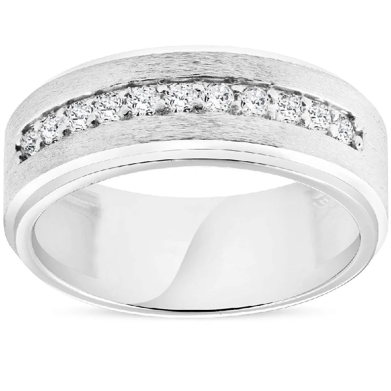 Engagement rings with engraved designs for women -Pompeii3 10k White Gold 3/8ct TDW Diamond Mens Brushed 8MM Diamond Wedding Flat Ring Band