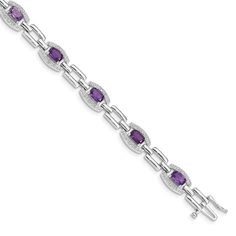 Thin bracelets for women -Curata 925 Sterling Silver Textured Polished Box Catch Closure Diamond and Amethyst Bracelet