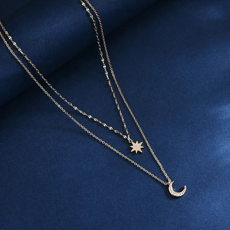 Pearl necklaces for women -Lady Korean Style Star Moon Copper Inlay Zircon White Gold Plated Gold Plated Layered Necklaces