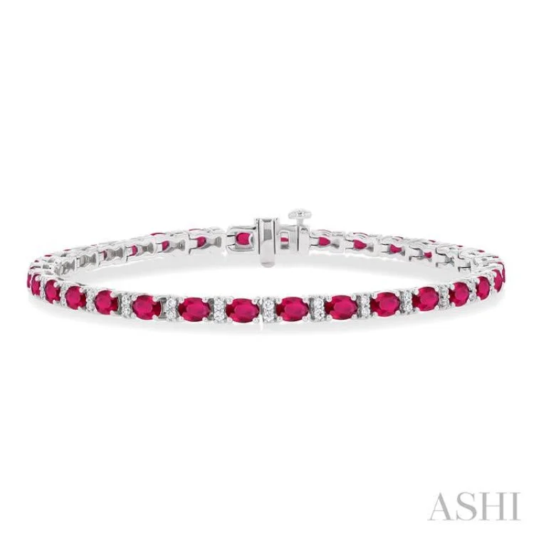 Gemstone bracelets for women -1/3 ctw Oval Cut 4X3MM Ruby and Round Cut Diamond Precious Bracelet in 14K White Gold