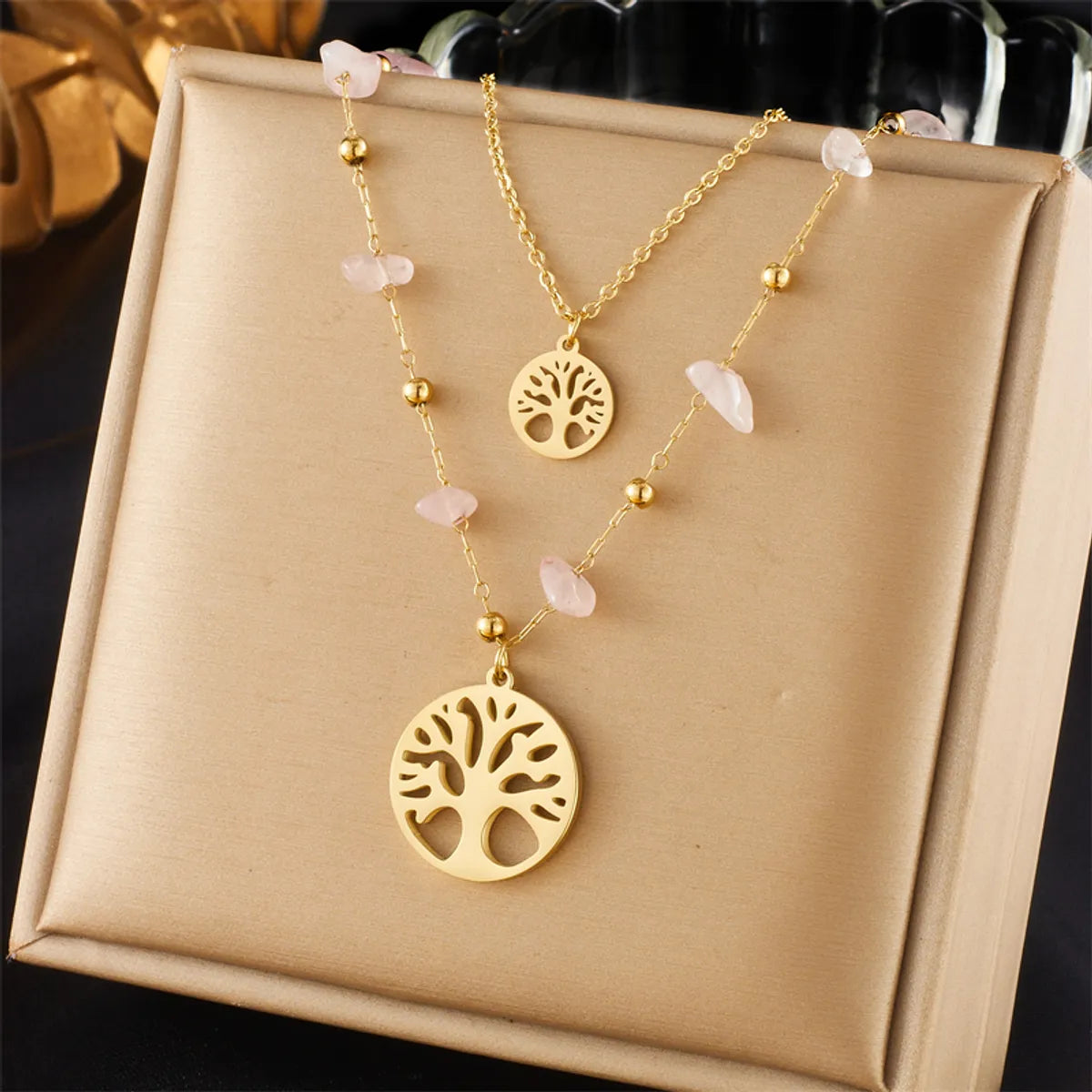 Geometric pendant necklaces for women -Wholesale Elegant Lady Tree Titanium Steel Plating 18k Gold Plated Layered Necklaces