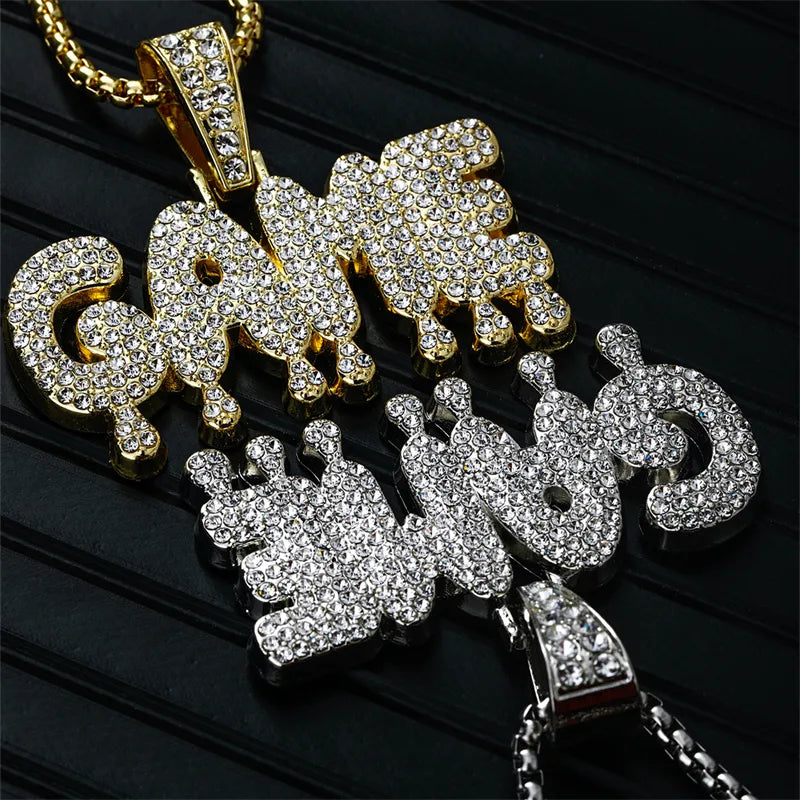 Sparkling gemstone necklaces for women -Hip-Hop Vacation Rock Letter 304 Stainless Steel Alloy Plating Three-Dimensional Inlay Rhinestones K Gold Plated Men'S Pendant Necklace