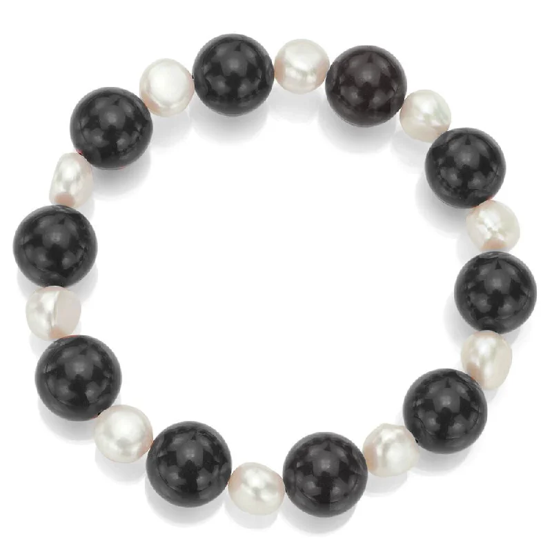 High-end bracelets for women -DaVonna 12mm Round Black Onyx and 8-8.5mm White Freshwater Pearl Stretch Bracelet, 7.5"