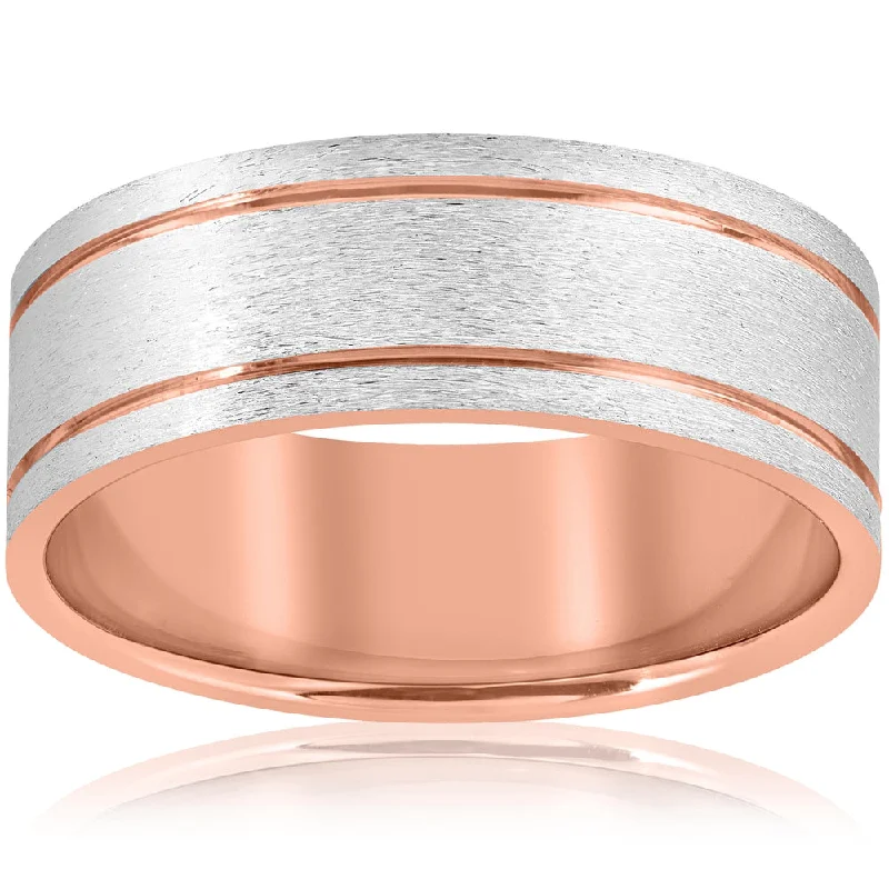 Two-tone engagement rings for women -14k Rose Gold 8MM Two Tone Flat Brushed Comfort Fit Mens Wedding Band