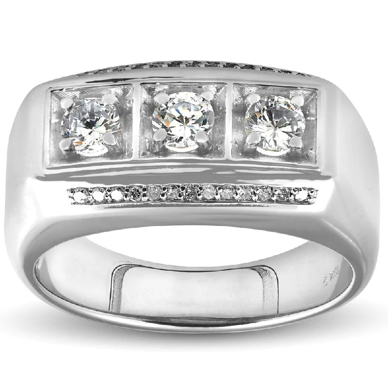 Personalized engagement rings for women -Pompeii3 10k White Gold 1ct TDW Diamond Mens Three Stone Wedding Anniversary Ring