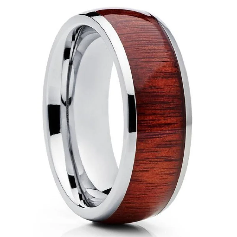 Elegant sapphire engagement rings for women -Koa Wood Tungsten Carbide Wedding Ring 8Mm Mens Comfort Fit - Silver