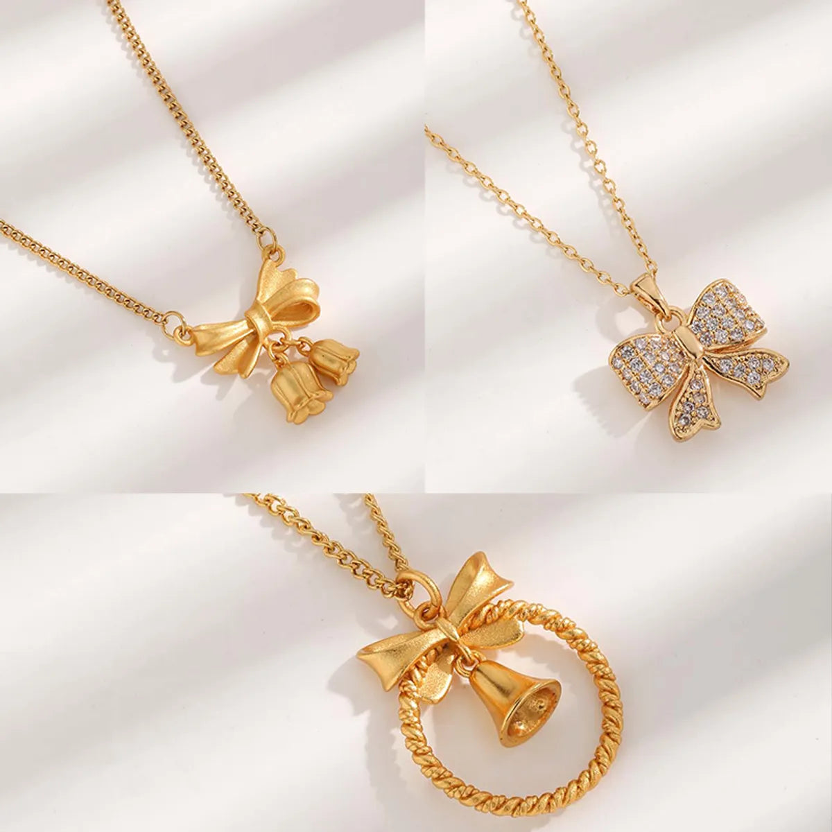 Gemstone necklaces for women -Simple Style Bow Knot Titanium Steel Plating Inlay Zircon Gold Plated Pendant Necklace