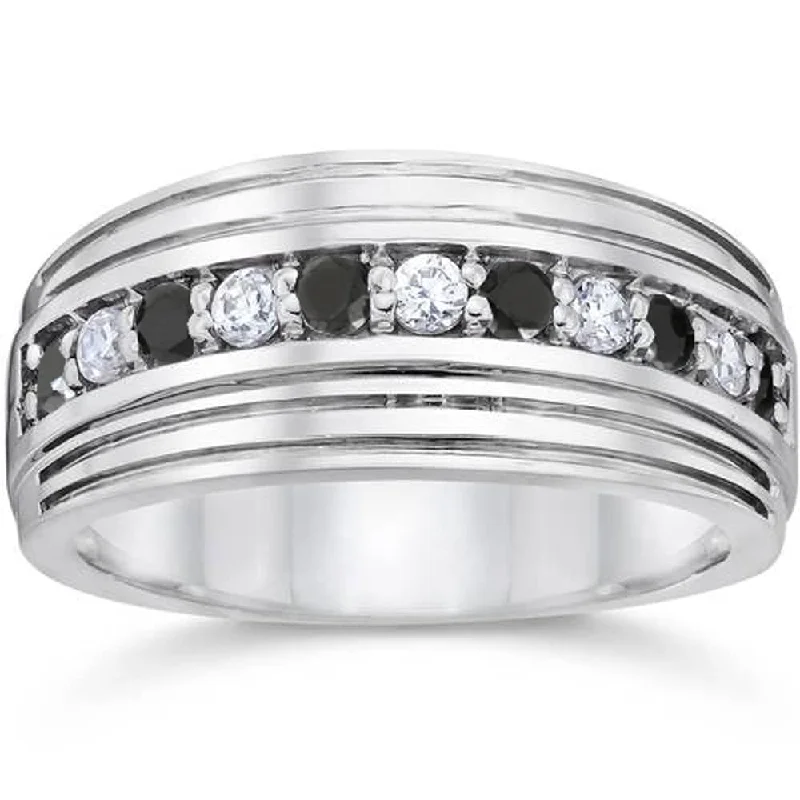 Large diamond engagement rings for women -1/2Ct Black & White Diamond Mens Wedding Anniversary Ring 10k White Gold