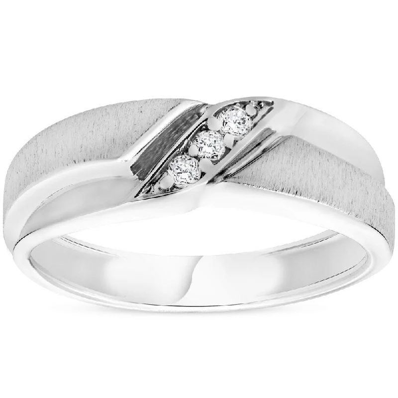 Wedding sets with engagement rings for women -Pompeii3 10k White Gold 1/10 ct TDW Diamond Three Stone Mens Ring High Brushed Countour Wedding Band