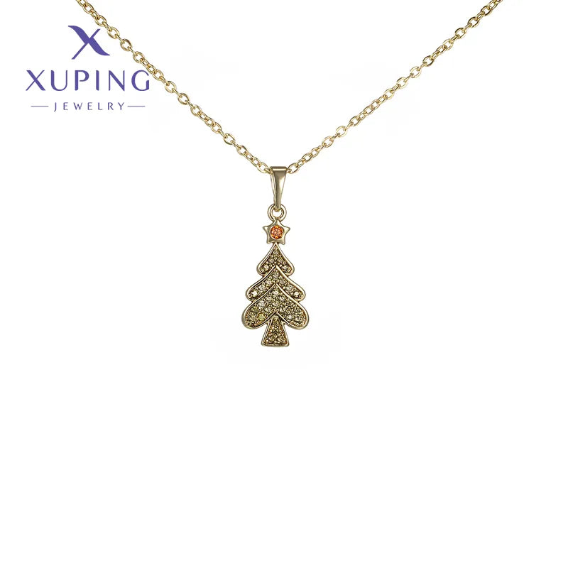 Layered chain necklaces for women -Copper 18K Gold Plated Plating Christmas Tree Artificial Gemstones Pendant Necklace