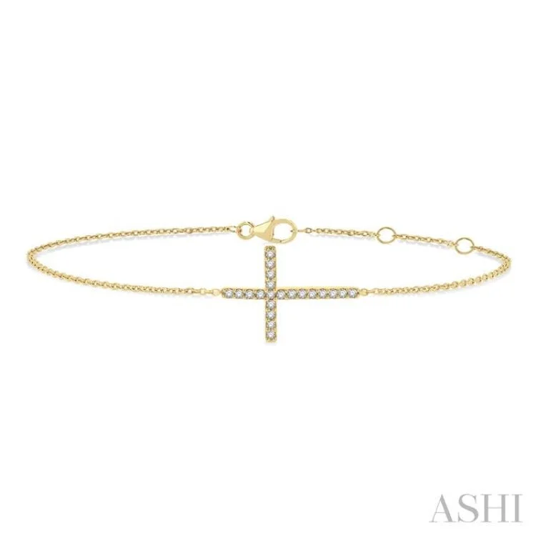 Minimalist bracelets for women -1/8 ctw Petite Reclined Cross Round Cut Diamond Fashion Bracelet in 10K Yellow Gold