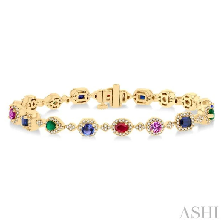 Tennis bracelets for women -4X3MM & 4MM Mixed Shape Gemstone Rainbow and 1 ctw Round Cut Diamond Halo Precious Tennis Bracelet in 14K Yellow Gold