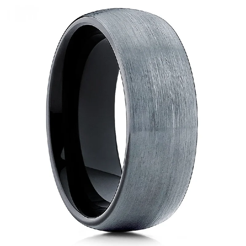 Modern halo engagement rings for women -Black Tungsten Carbide Wedding Ring 8Mm Comfort Fit Silver Brush Finish