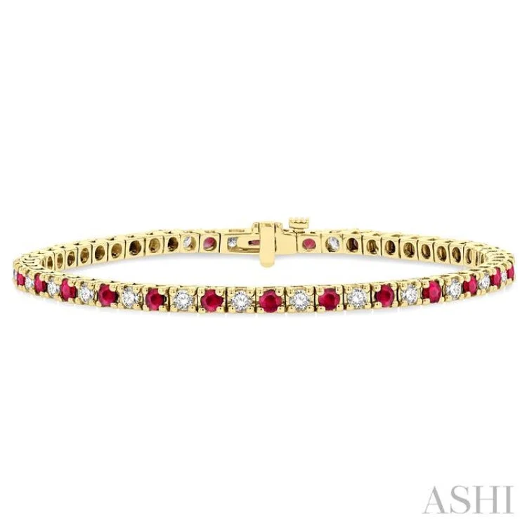 Classic bangles for women -1 1/2 ctw Square Box Link 2.5MM Ruby and Round Cut Diamond Precious Tennis Bracelet in 14K Yellow Gold