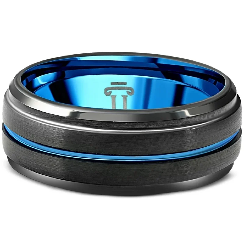 Non-traditional engagement rings for women -Men's Black & Blue Tungsten Ring Brushed Beveled Step Cut Wedding Band