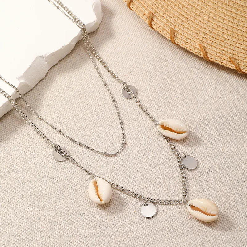 Trendy necklaces for women -Vacation Marine Style Round Solid Color Alloy Shell Unisex Double Layer Necklaces