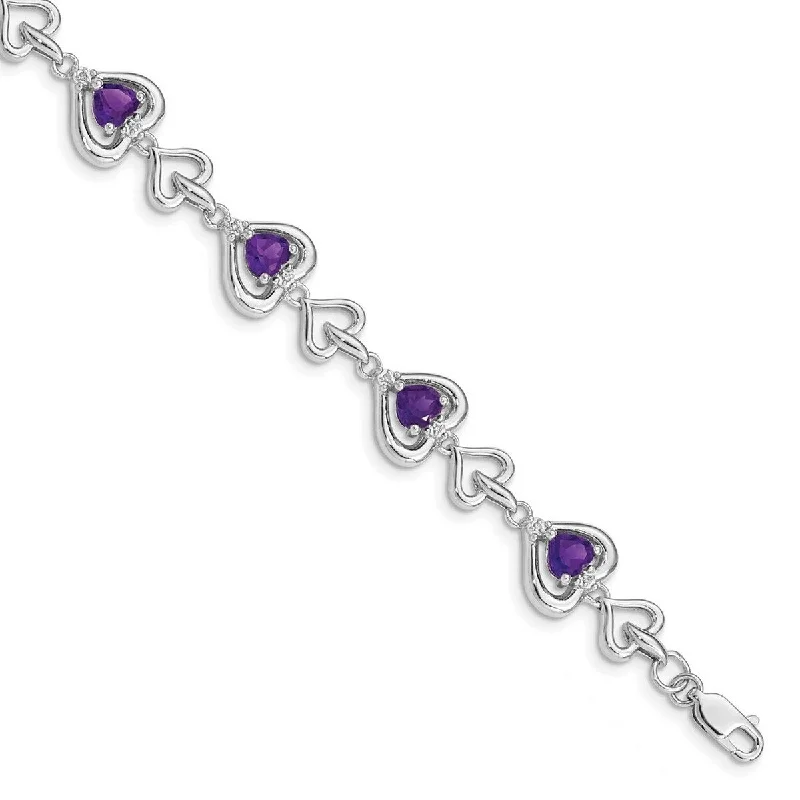 Adjustable bangle bracelets for women -Curata 925 Sterling Silver Polished Lobster Claw Closure Diamond and Love Heart Link Amethyst Bracelet