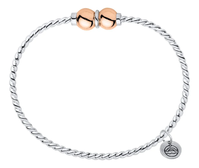 Gemstone bracelets for women -Genuine Sterling Silver Cape Cod Twist Bracelet with Polished 14k Rose Gold Double Bead