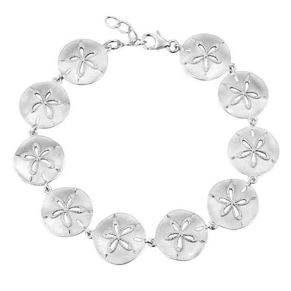 Fashionable bangles for women -Life@Sea Genuine Sterling Silver Sandblasted & Polished Sand Dollar Bracelet with Pave Cubic Zirconia Accents