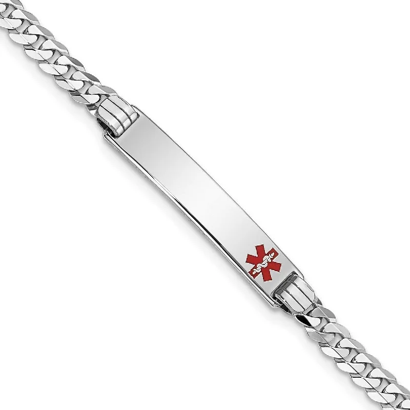 Adjustable bracelets for women -Curata 14k White Gold 8" 6mm Engravable Medical Red Enamel Flat Curb Link ID Bracelet