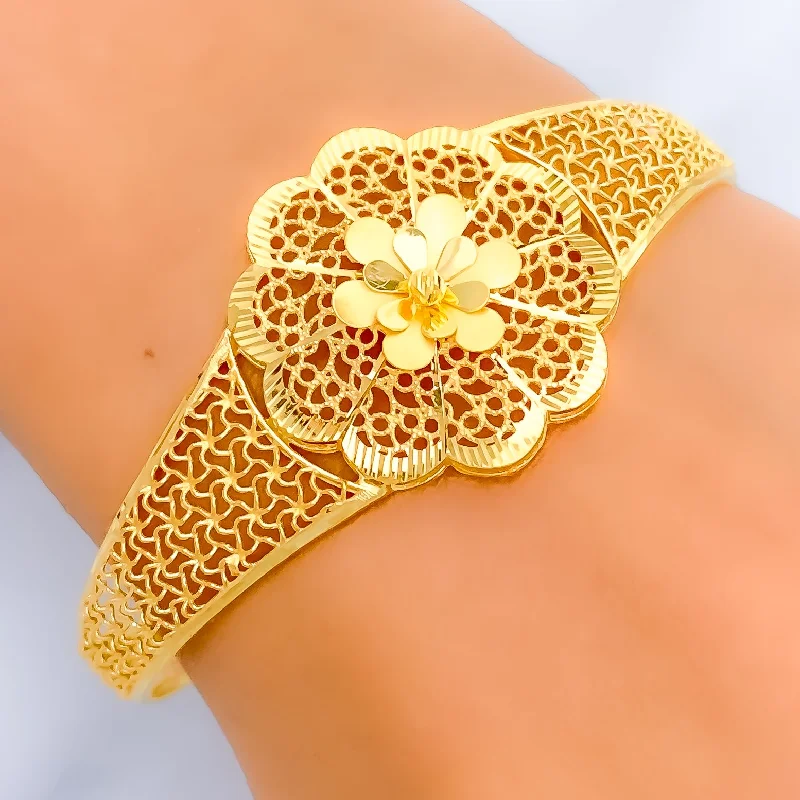 Custom-designed bracelets for women -Delicate Filigree Flower 22k Gold Bangle Bracelet