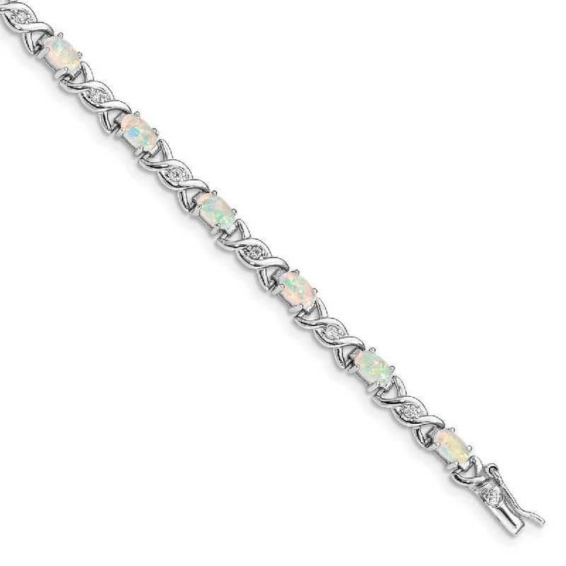 Thin bracelets for women -Curata 925 Sterling Silver Polished Safety bar Box Catch Closure White Simulated Opal and Cubic Zirconia Bracelet 7 Inch Box