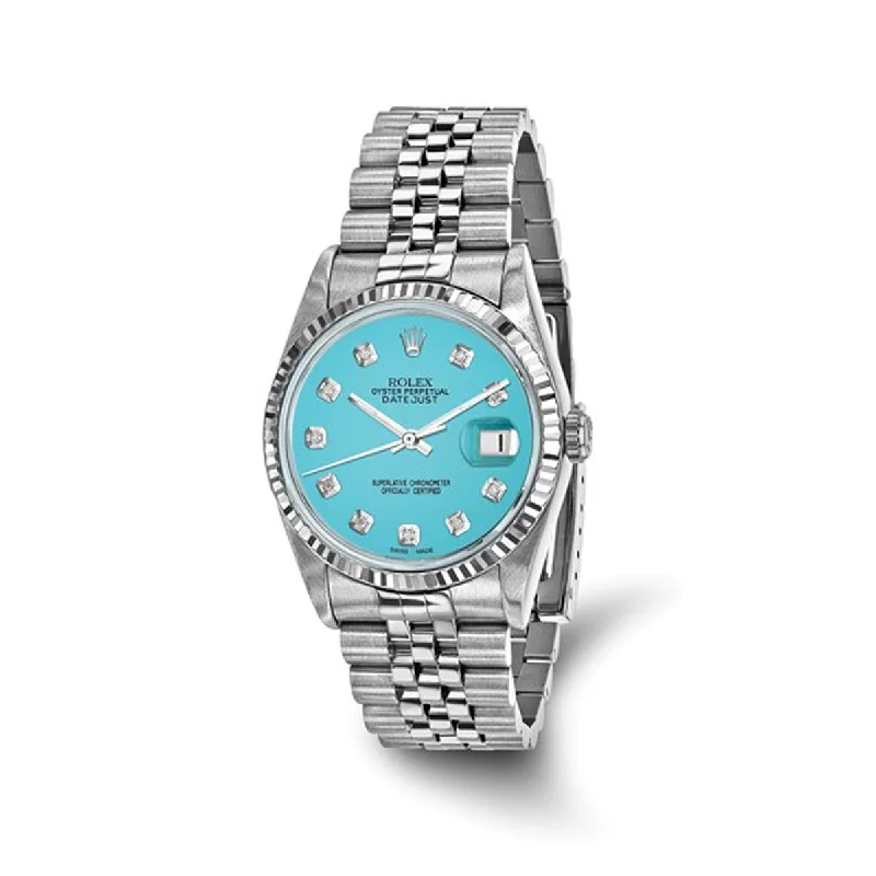 Vintage bangles for women -Pre Owned Rolex Oyster Perpetual Datejust with Teal Diamond Dial and 18kt White Gold Fluted Bezel and Stainless Steel Jubilee Bracelet (automatic movement)