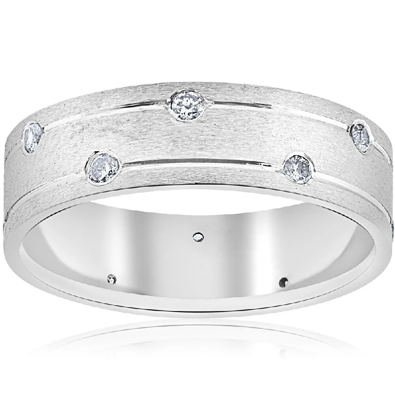 Adjustable engagement rings for women -Pompeii3 14k White Gold 1/3 ct TDW Diamond Brushed Mens 6mm Comfort Fit Wedding Band