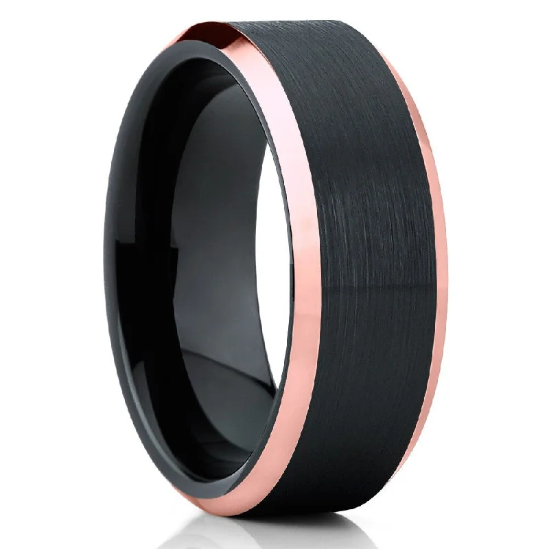 Custom engagement rings for women -Black Tungsten Carbide Wedding Ring 8Mm Rose Gold Ip Beveled Edge Comfort Fit