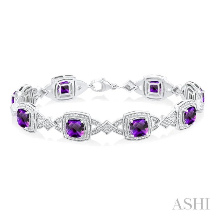 Pearl bracelets for women -1/10 ctw Cushion Cut 7X7MM Amethyst and Round Cut Diamond Semi Precious Bracelet in Sterling Silver