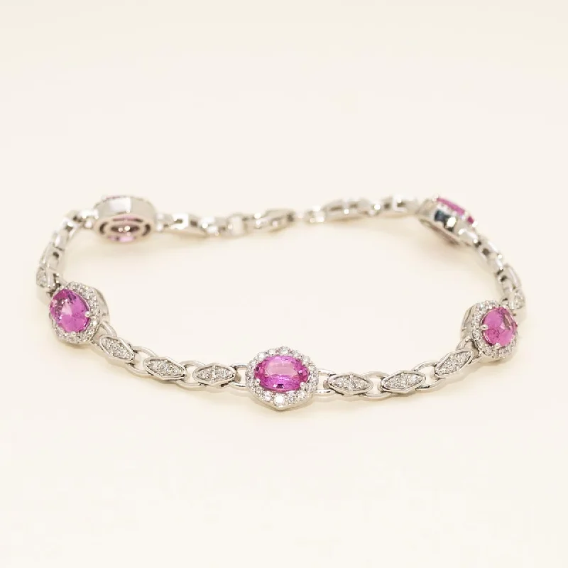 Heart-shaped bracelets for women -Oval Pink Sapphire Bracelet in 14kt White Gold with Diamonds (1 1/4ct tw)