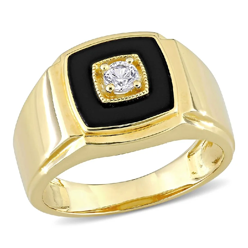 Gemstone engagement rings for women -Miadora Yellow Plated Sterling Silver Men's Black Onyx & Created White Sapphire Halo Wedding Band