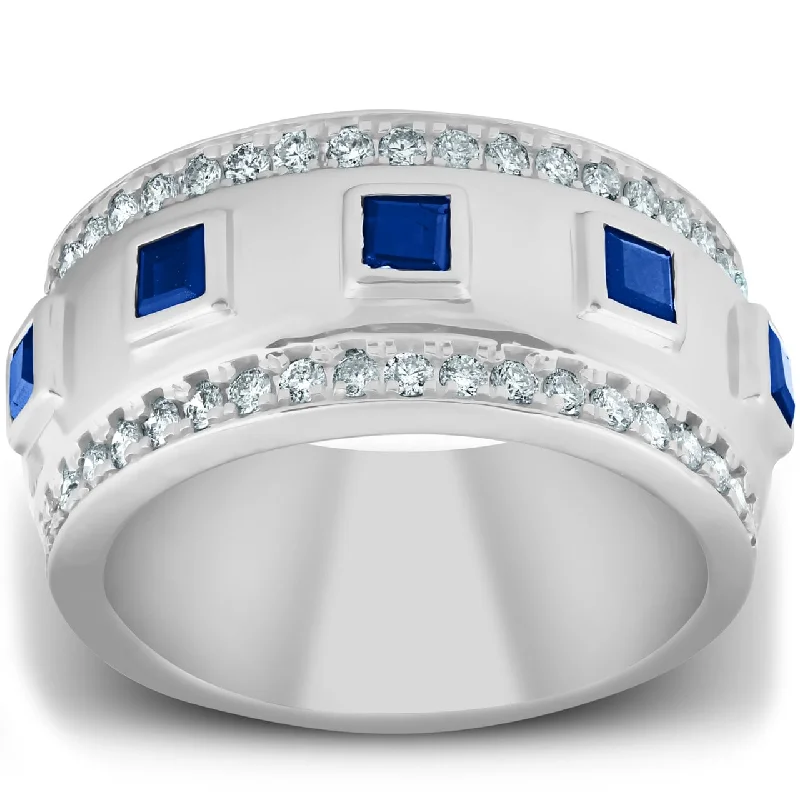 Platinum engagement rings for women -2 1/4 Ct Princess Cut Blue Sapphire & Diamond Wedding Ring White Gold