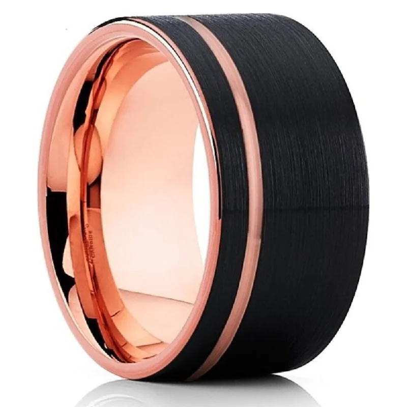 Engagement rings for women with diamonds and sapphires -12Mm Black Tungsten Carbide Wedding Ring Comfort Fit Rose Gold Plated Size 713