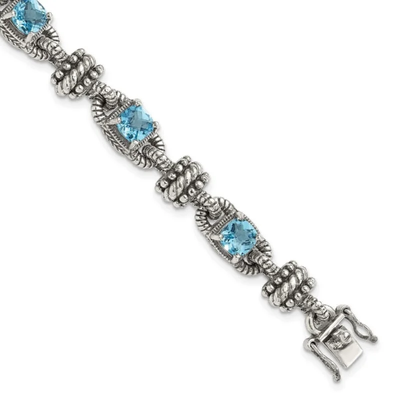 Chunky bracelets for women -Curata 925 Sterling Silver Polished Prong set Box Catch Closure With 14k 6.86Swiss Blue Topaz 7.5inch Bracelet