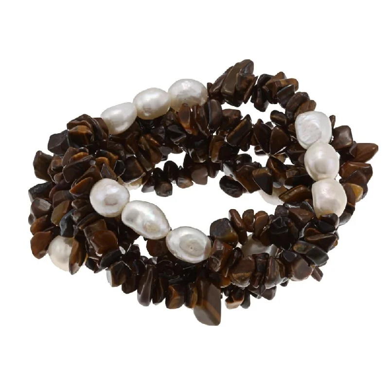 Round bangles for women -DaVonna Set of 5 White Baroque Freshwater Pearls & Chip Tiger Eye Bracelet (7-8 mm)