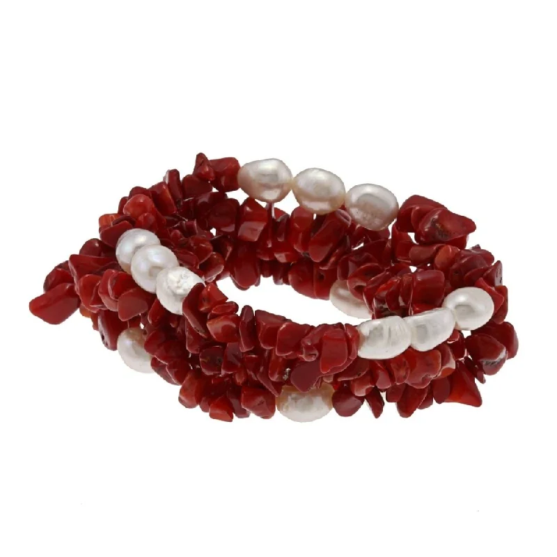 Gemstone bangle bracelets for women -DaVonna Set of 5 White Baroque Freshwater Pearls & Red Coral Chips Bracelet (7-8 mm)