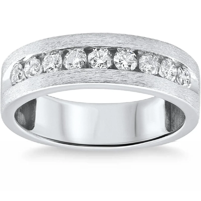 Antique-style engagement rings for women -3/4ct Mens Diamond Channel Set 7mm Brushed Wedding Ring White Gold