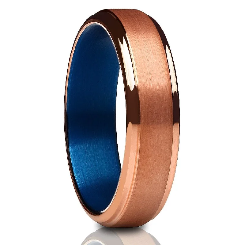 Two-tone engagement rings for women -6Mm Rose Gold Tungsten Wedding Ring Blue Comfort Fit Jewelry