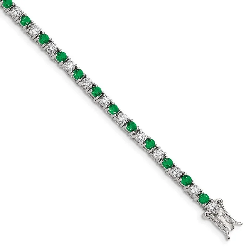 Gemstone bracelets for women -Curata 925 Sterling Silver Polished Safety clasp Box Catch Closure Green and White CZ Cubic Zirconia Simulated Diamond Bracelet